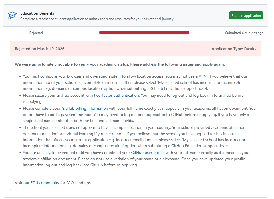 GitHub Education 申請被拒絕畫面