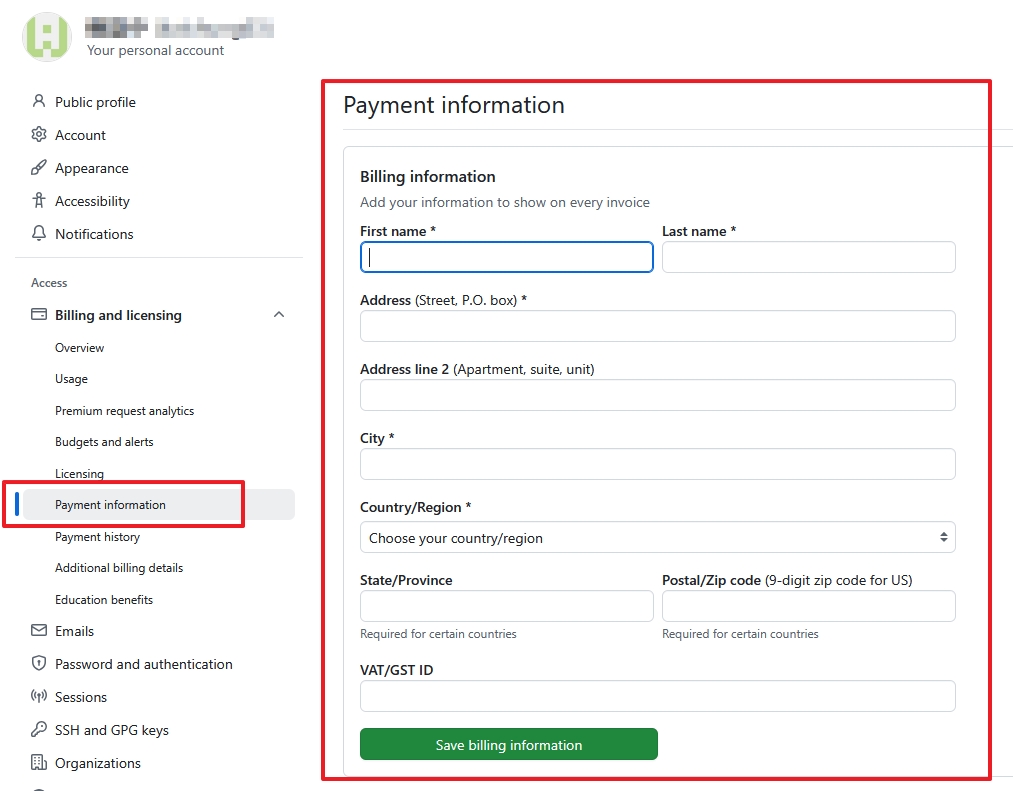 GitHub Payment information 填寫畫面