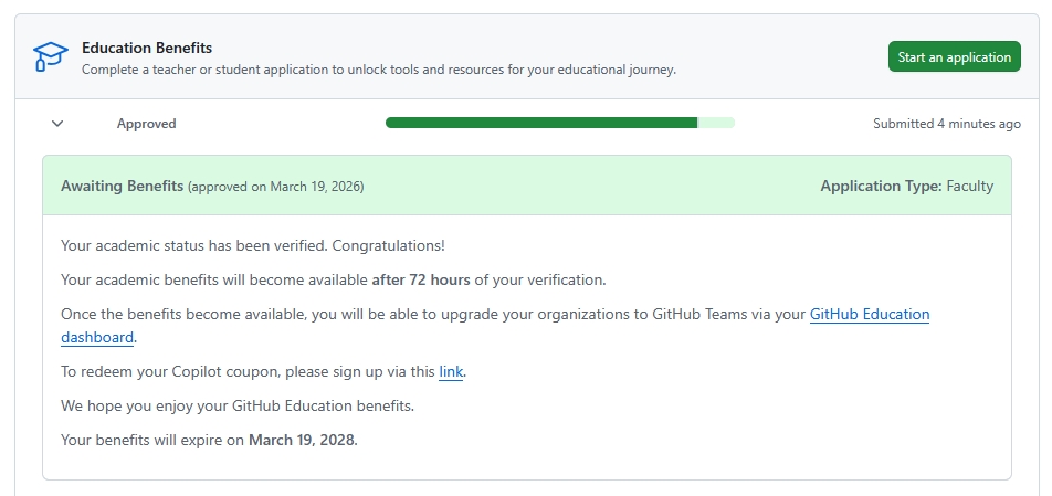 GitHub Education 審核通過 Approved Awaiting Benefits 畫面