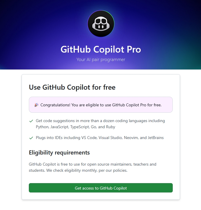 Copilot settings 顯示教育免費資格