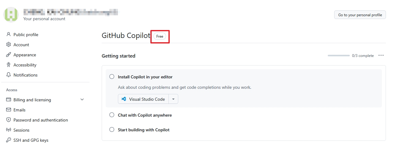 Copilot settings 顯示 Free 尚未升級為 Pro